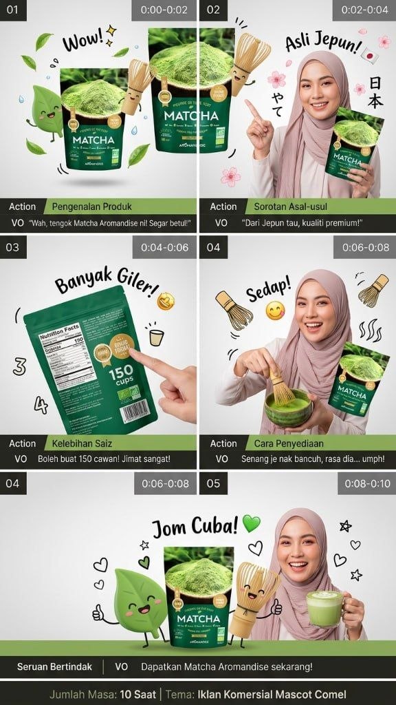 Contoh storyboard matcha Aromandise 10 saat dibuat dengan SuprStoryboard di telefon