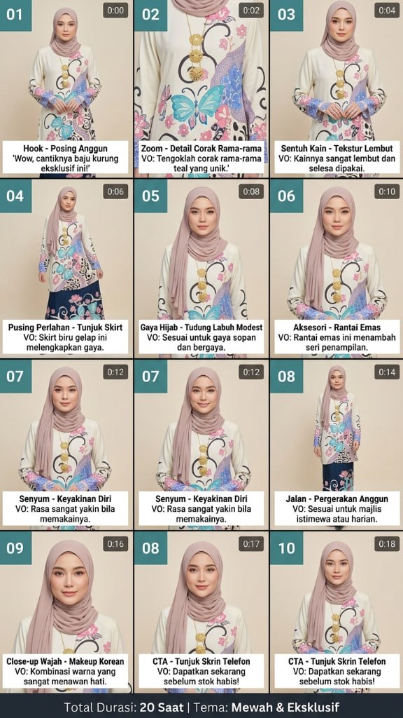 Contoh storyboard Baju Kurung premium 20 saat dibuat dengan SuprStoryboard